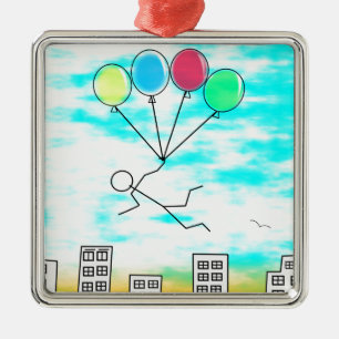 Flying Over The City With Balloons Metal Ornament