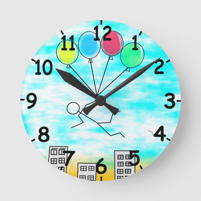Flying Over The City With Balloons Round Clock (Front)