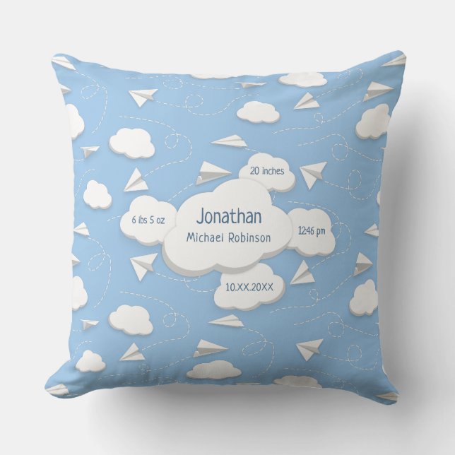 flying paper aeroplanes clouds baby birth stats cushion (Front)