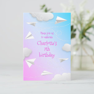 flying paper aeroplanes girls pink blue birthday announcement