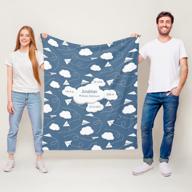 flying paper aeroplanes w puffy clouds slate blue fleece blanket (In Situ)