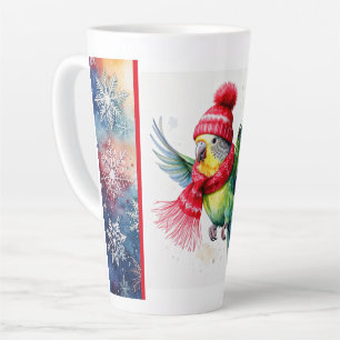 Flying Parakeet in Winter Hat and Scarf Latte Mug