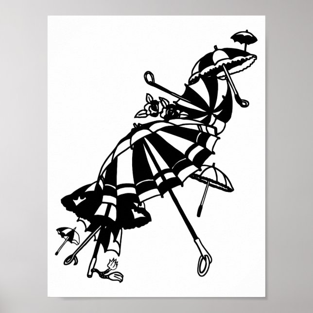 flying Parasols Umbrellas Ink art Illustration Poster (Front)