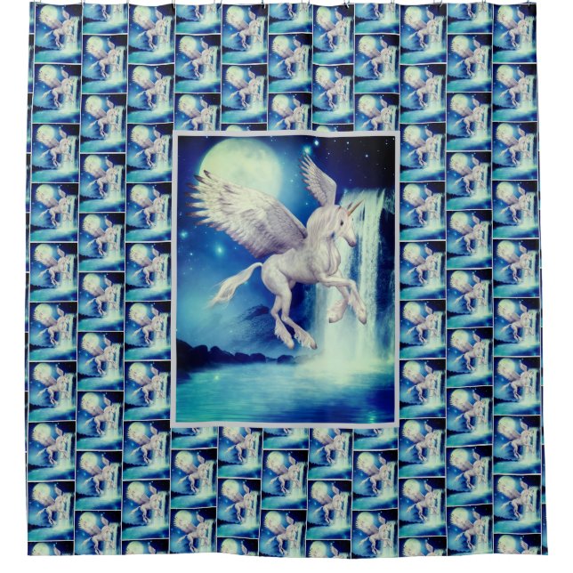 Flying Pegasus Unicorn Waterfall    Shower Curtain (Front)
