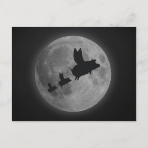 flying pig and piglets across the full moon postcard