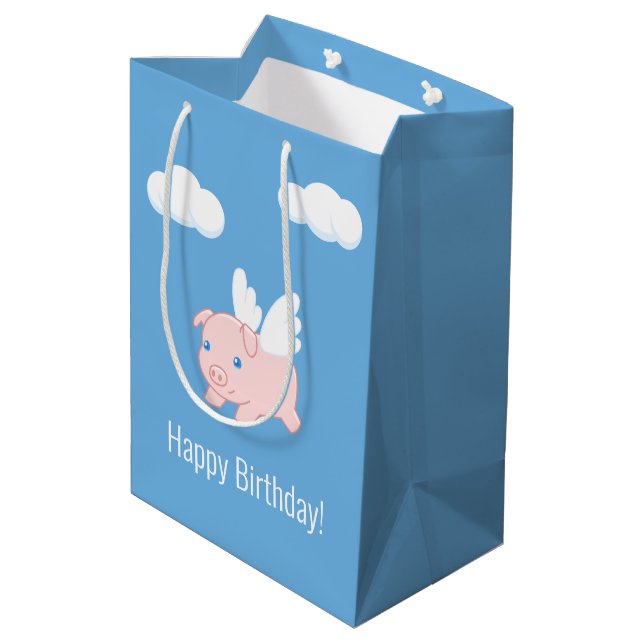 Flying Pig Birthday Blue Medium Gift Bag (Back Angled)