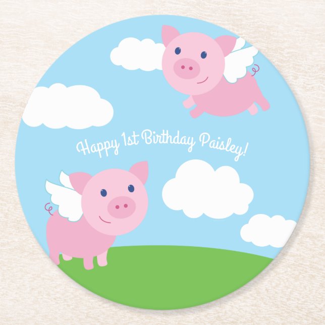 Flying Pig Birthday Party Kids Round Paper Coaster (Front)