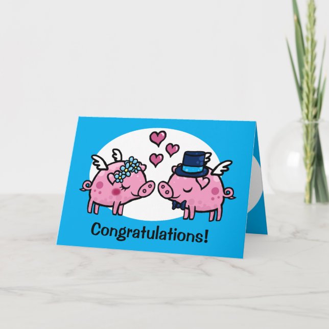 Flying Pig Bride and Groom customisable Card (Front)