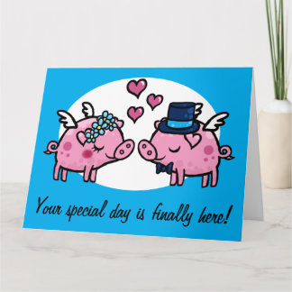 Flying Pig Bride and Groom customisable Greeting C Card