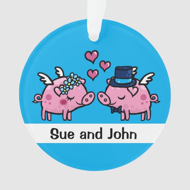 Flying pig bride and groom customizable ornament (Front)