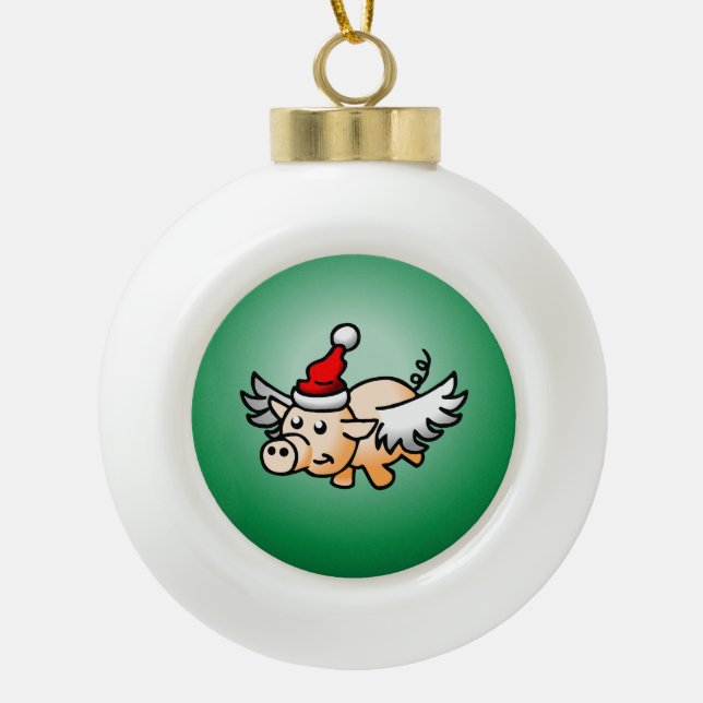Flying Pig Christmas Ceramic Ball Ornament (Front)
