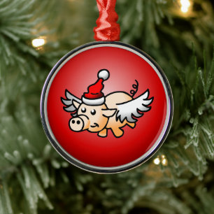Flying Pig Christmas Metal Ornament