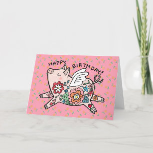 Flying Pig Cute Happy Birthday Angel Pig Floral Card
