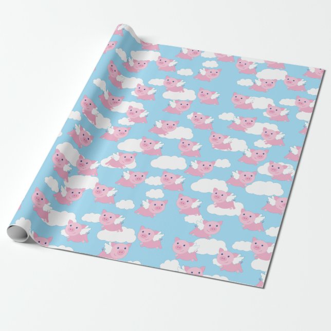 Flying Pig Cute Piggy 1st Birthday Wrapping Paper (Unrolled)