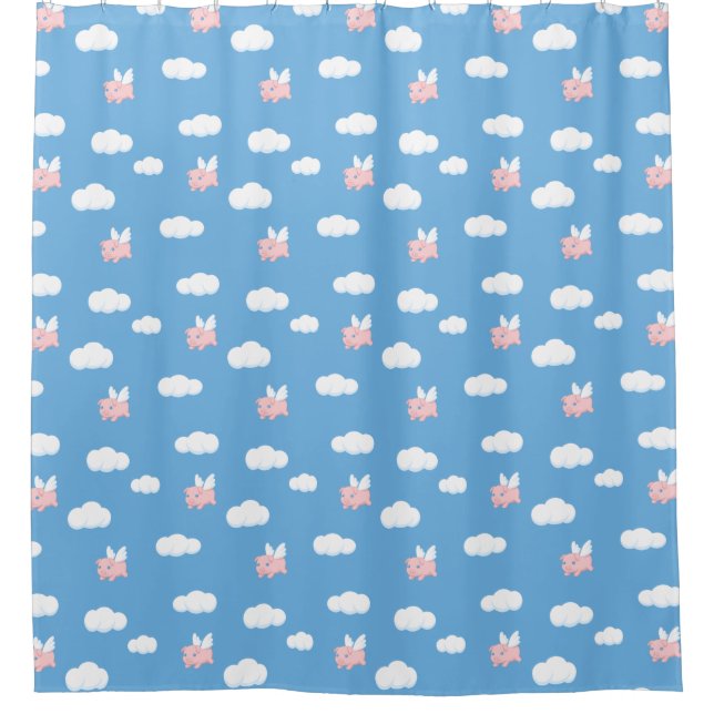 Flying Pig Cute Piglet with Wings on Blue Pattern Shower Curtain (Front)