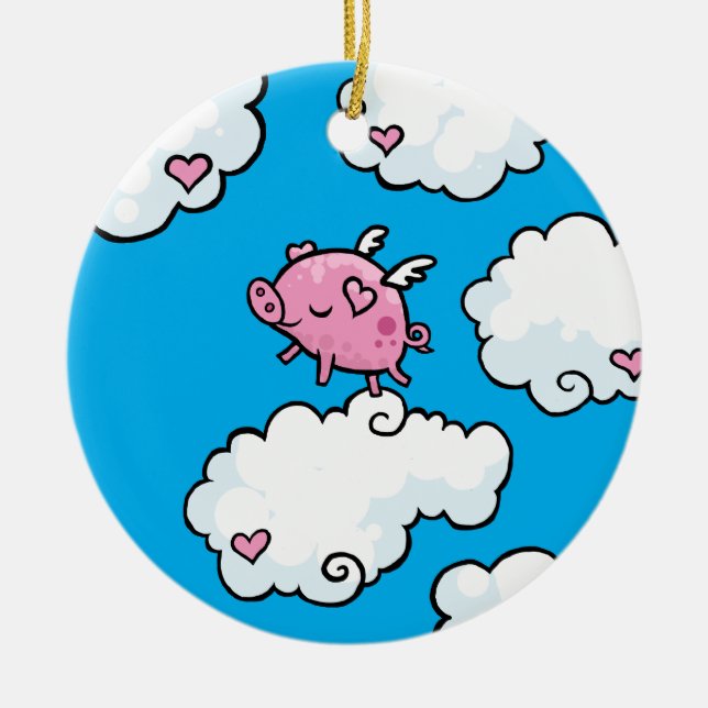 Flying pig dances on clouds ceramic tree decoration (Front)