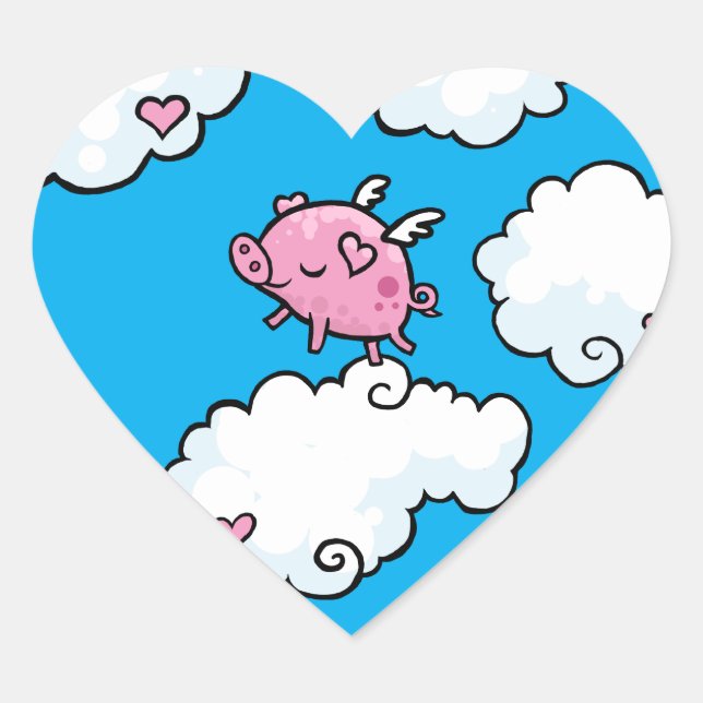 Flying pig dances on clouds heart sticker (Front)