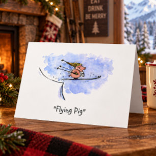 "Flying Pig" Funny Ski Jump Pig Athlete Holiday Card