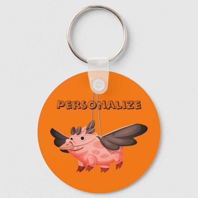Flying pig in a crow costume keychain (Front)