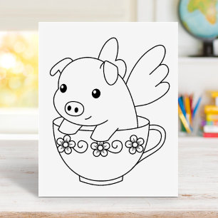 Flying Pig in a Teacup Colouring Page Rubber Stamp