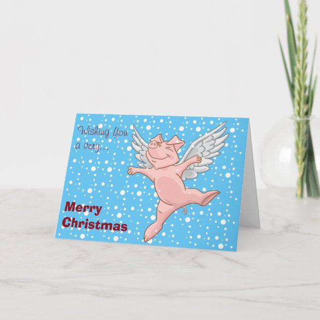 Flying Pig in the Snow Christmas Card (Front)