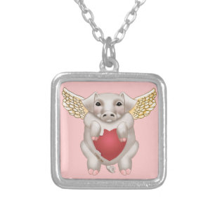 Flying Pig Love square necklace