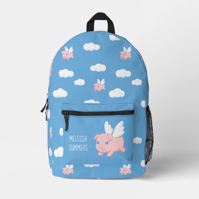 Flying Pig on Blue Custom Name Printed Backpack (Front)