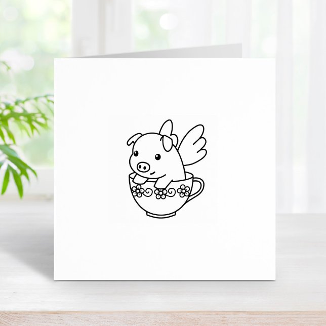 Flying Pig - Piglet with Wings in a Teacup 2 Rubber Stamp (Creator Uploaded)