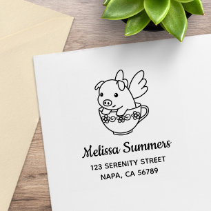 Flying Pig - Piglet with Wings in a Teacup Address Rubber Stamp