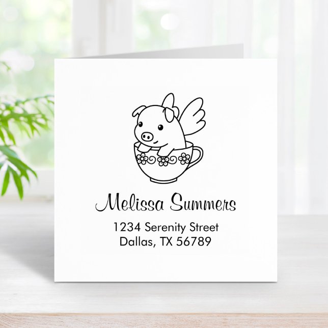 Flying Pig - Piglet with Wings in a Teacup Address Rubber Stamp (Creator Uploaded)