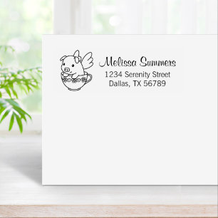 Flying Pig - Piglet with Wings in a Teacup Address Rubber Stamp