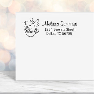 Flying Pig - Piglet with Wings in a Teacup Address Self-inking Stamp
