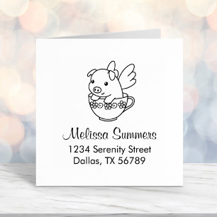 Flying Pig - Piglet with Wings in a Teacup Address Self-inking Stamp