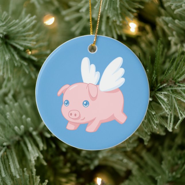 Flying Pig - Piglet with Wings on Blue Ceramic Ornament (Tree)