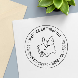 Flying Pig - Piglet with Wings Round Address 1 Self-inking Stamp