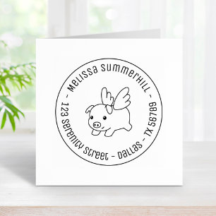 Flying Pig, Piglet with Wings Round Address 3 Rubber Stamp