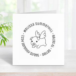 Flying Pig, Piglet with Wings Round Address 4 Rubber Stamp
