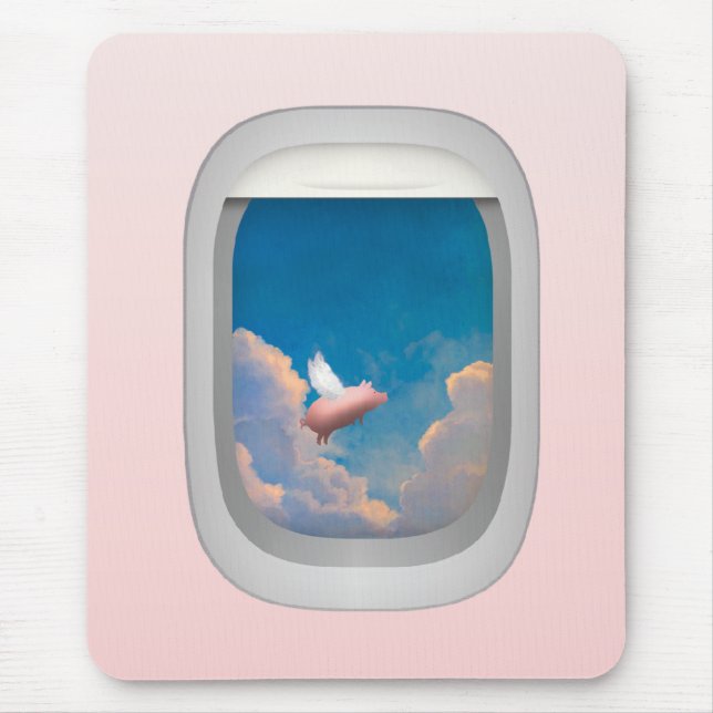 flying pig through aeroplane window mousepad (Front)