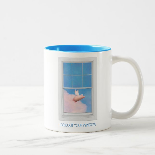 flying pig through window Two-Tone coffee mug (Right)