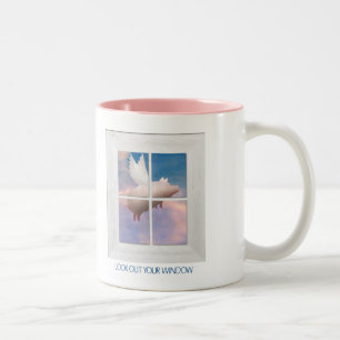 flying pig throught window mug