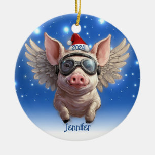 Flying Pig with Santa Cap Personalised Ornament