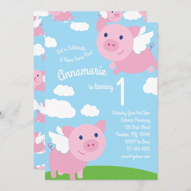 Flying Pigs 1st Birthday Cute Invitations (Front/Back)