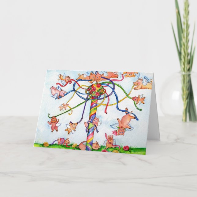Flying Pigs Around the Maypole Card (Front)