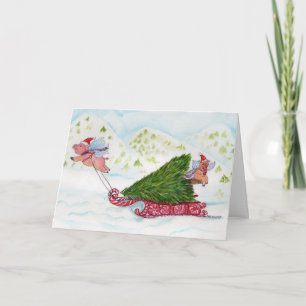 Flying Pigs Bringing Home the Christmas Tree Holiday Card