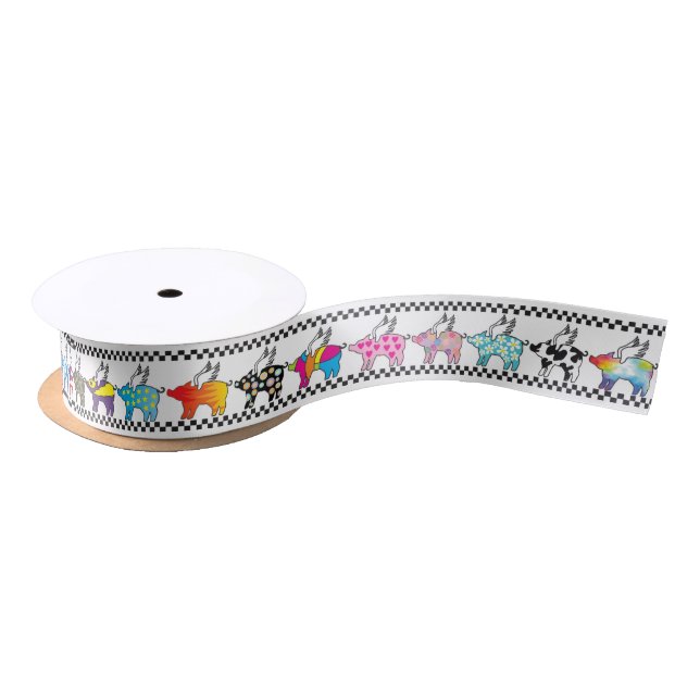 flying pigs in checkers on satin ribbon (Spool)