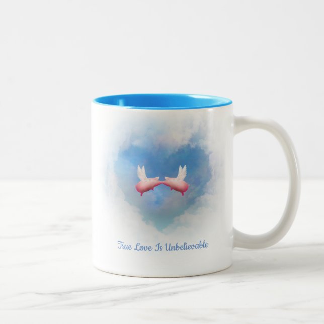 Flying Pigs Kissing-True Love Is Unbelievable Two-Tone Coffee Mug (Right)