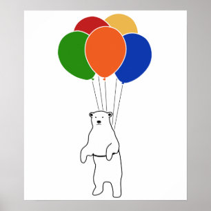 Flying Polar Bear with Birthday Balloons Poster