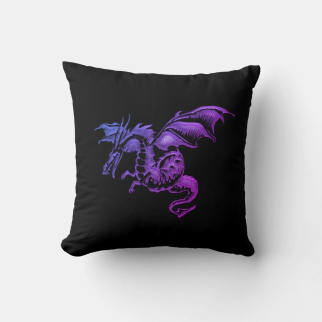 Flying Purple Dragon Against Black Cushion (Front)