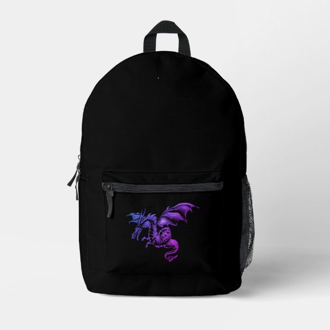 Flying Purple Dragon Against Black Printed Backpack (Front)