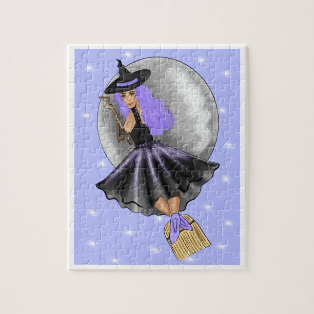 Flying Purple Witch On A Broomstick Jigsaw Puzzle (Vertical)